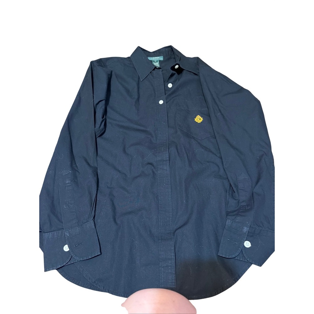 Lauren Ralph Lauren Black Cotton Crest Logo Button Down Shirt Womens 6